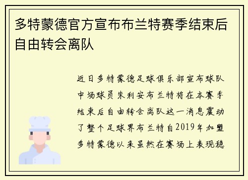 多特蒙德官方宣布布兰特赛季结束后自由转会离队