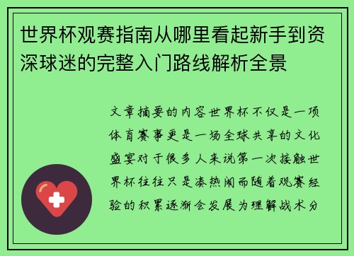 世界杯观赛指南从哪里看起新手到资深球迷的完整入门路线解析全景 世界杯观赛指南从哪里看起新手到资深球迷的完整入门路线解析全景